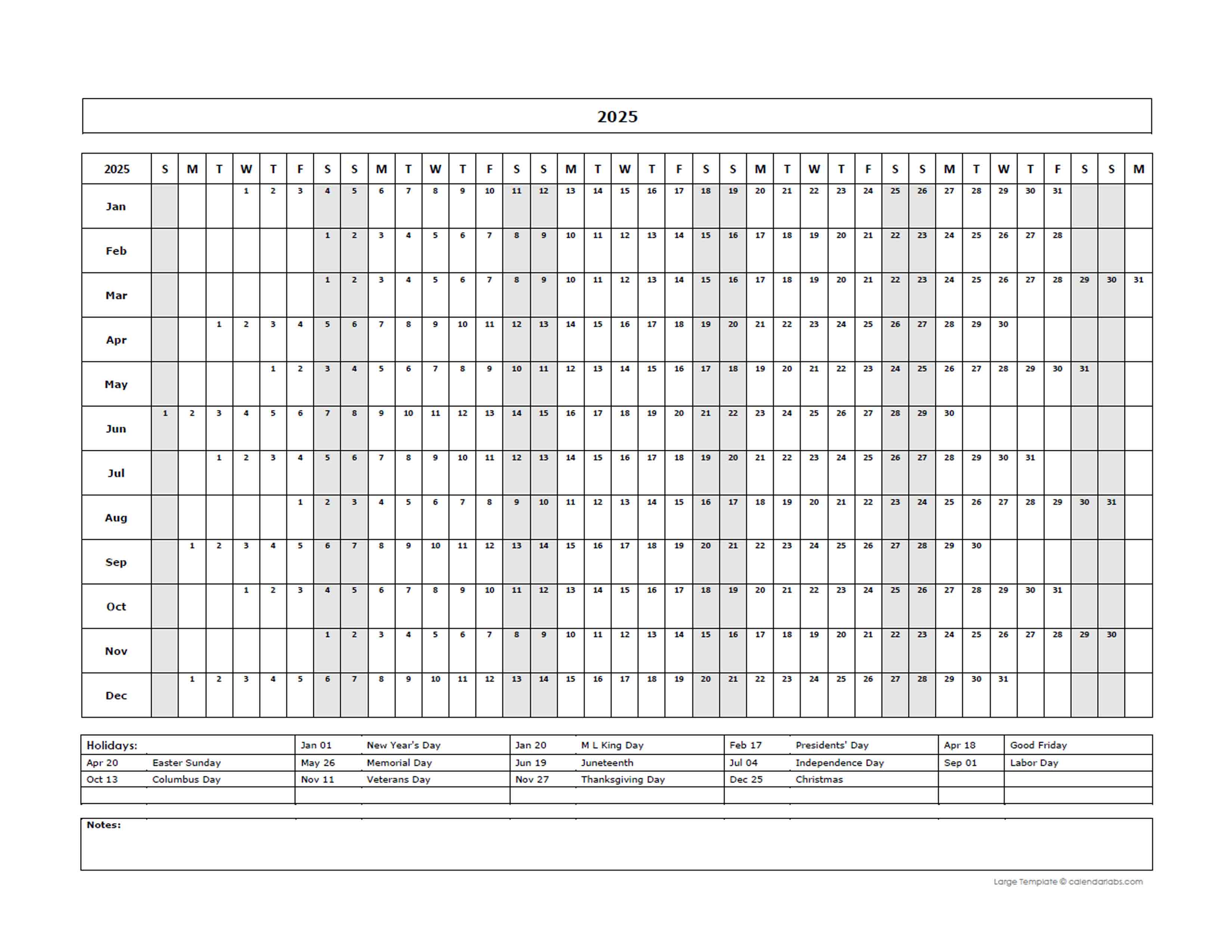 2025 Year At A Glance Large Calendar - Free Printable Templates