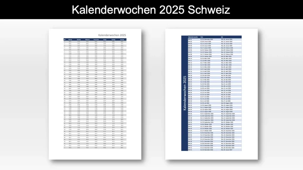 Kalenderwochen 2025 Schweiz zum Ausdrucken [Excel & PDF]