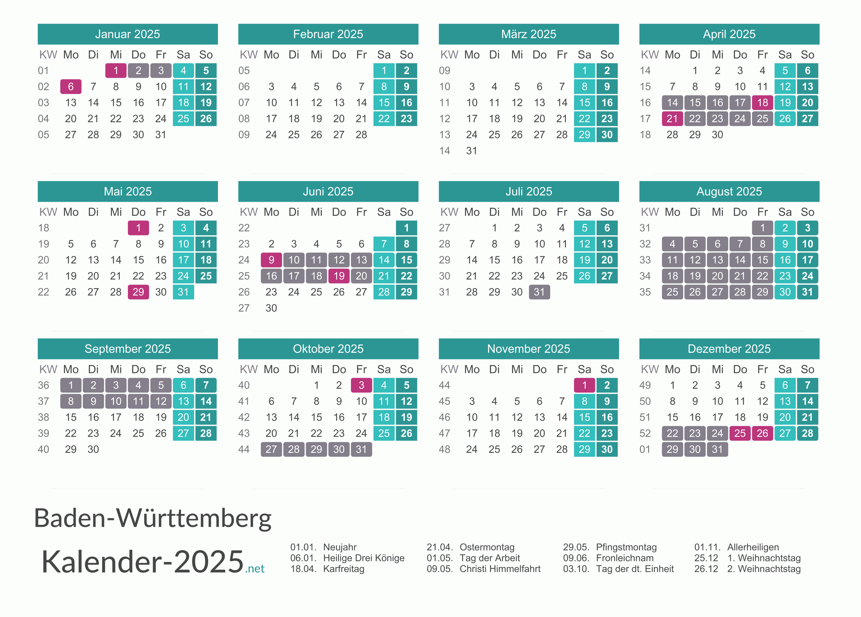 FERIEN Baden-Württemberg 2025 - Ferienkalender & Übersicht