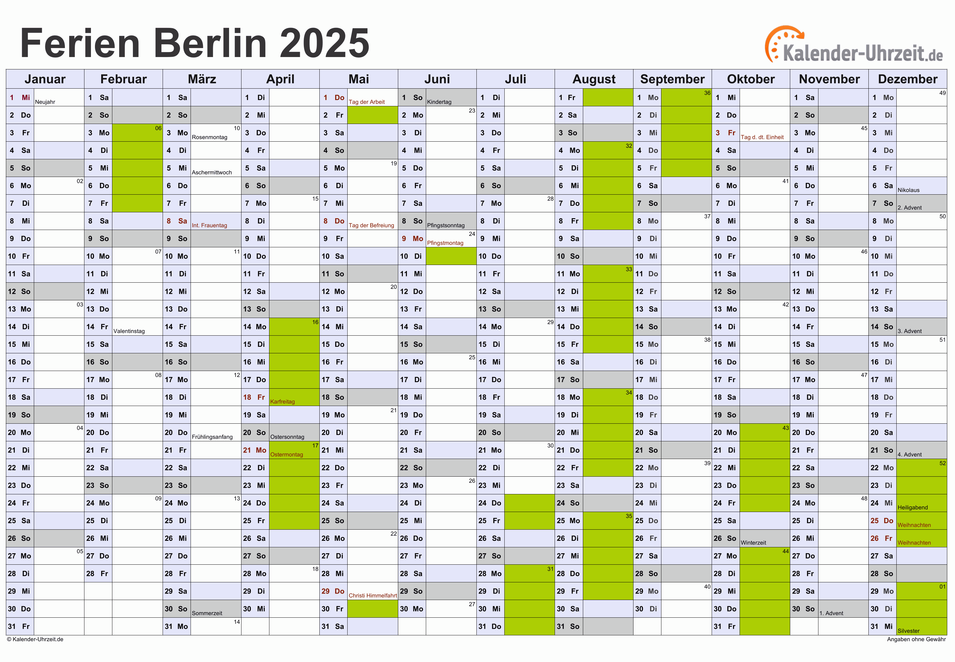 Ferien Berlin 2025 - Ferienkalender zum Ausdrucken