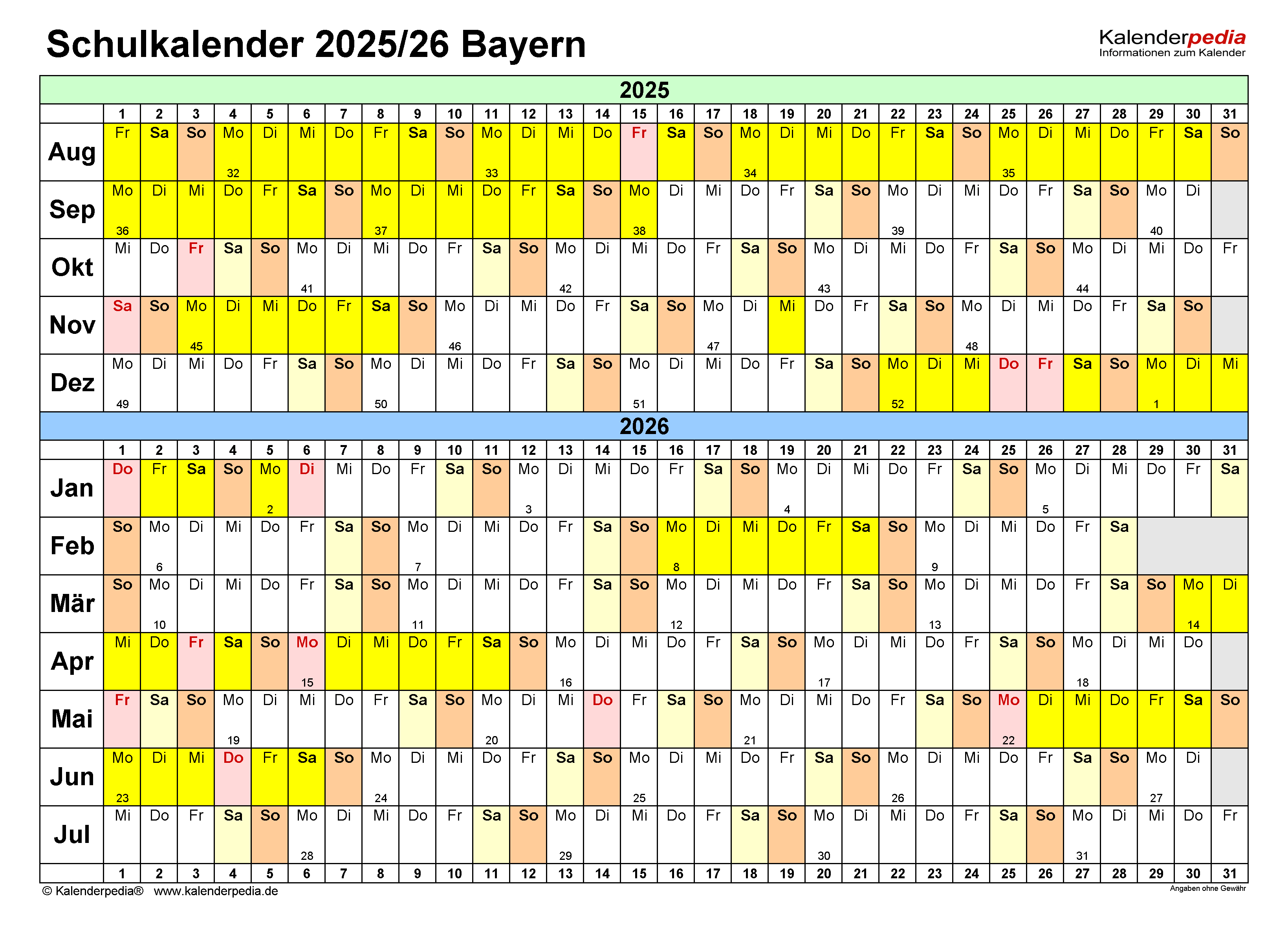 Schulkalender 2025/2026 Bayern für PDF